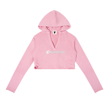 NEVER DEFEATED CROPPED RAW EDGE HOODIE