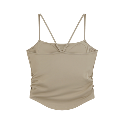 NEVER DEFEATED RUCHED YOGA TANK TOP 'KHAKI'