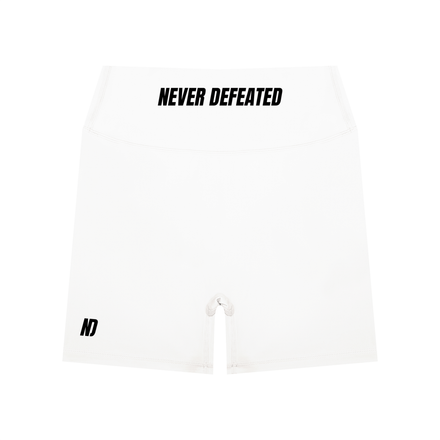 NEVER DEFEATED HIGH WAISTED YOGA SHORTS 'WHITE'
