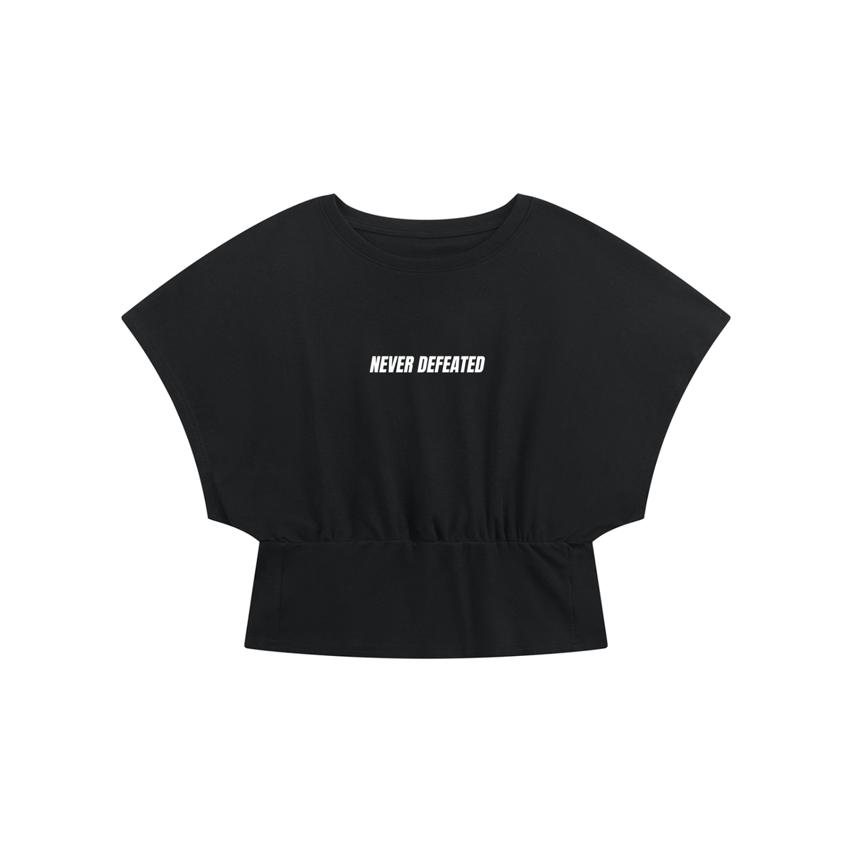 NEVER DEFEATED CROPPED DOLMAN TSHIRT